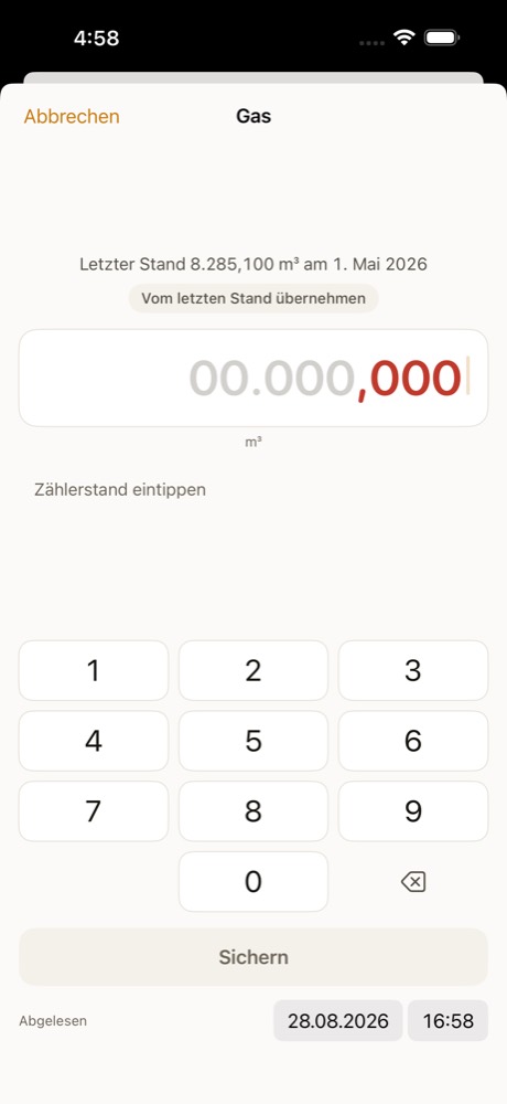 Eine Ablesung eintragen: großes Zahlenfeld mit Ziffernblock, das Datum steht auf heute.
