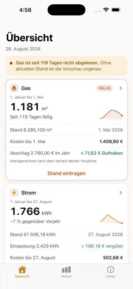 Die Übersicht von Zählora: vier Zähler mit Verbrauch seit Jahresbeginn, Vorjahresvergleich und Kosten.